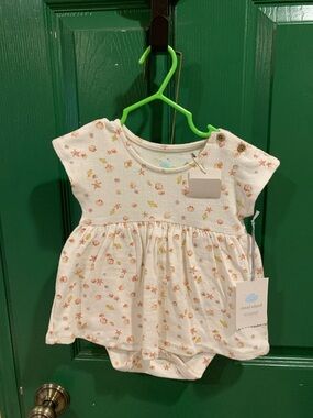 cloud island White Baby Dress Bodysuit with Peach Seashell Print